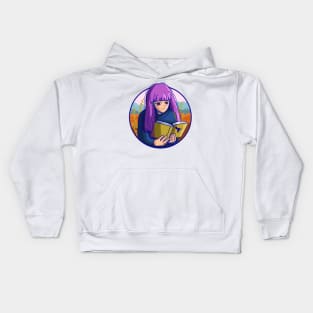 Cute girl with purple hair hypnotized by book Kids Hoodie